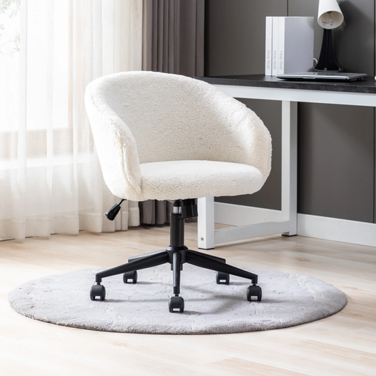 Desk Chair Faux Fur Task Chair,Modern Cute Accent Armchair Swivel Makeup Stool for Bedroom, White - 24" x 24" x 33.85"