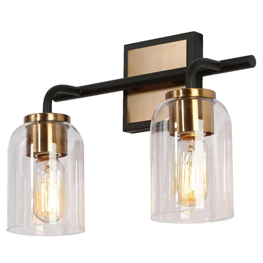 Modern Farmhouse 2-Light Bathroom Vanity Light Black Gold Glass Wall Sconce - 13" L × 7.5" W × 10" H