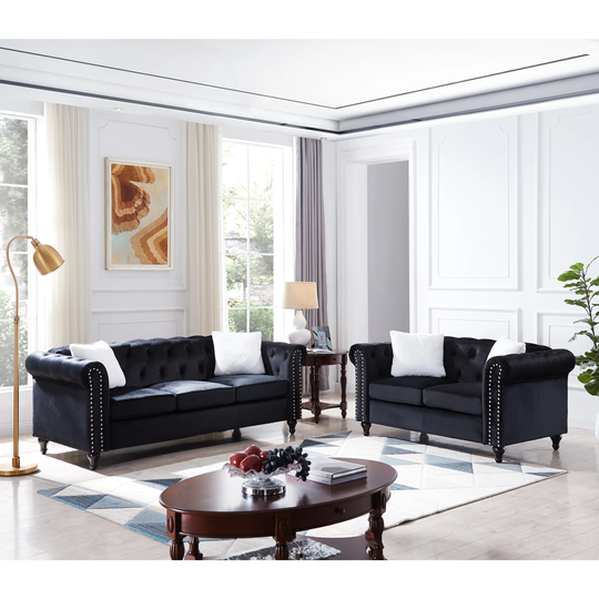 2 Piece Living Room Sofa Set, including 3-Seater Sofa and Loveseat with Button and Nail on Arms and Back, Four White Pillow