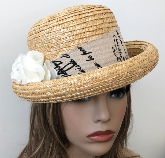 Sale Summer Straw Hats For Women, Hat With Flower Embellishments, Vintage Style Church 21.5" Up To 22" Ready Ship