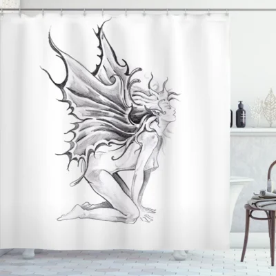 Tattoo Artistic Pencil Drawing Fairy Opening its Angel Wings Shower Curtain Set