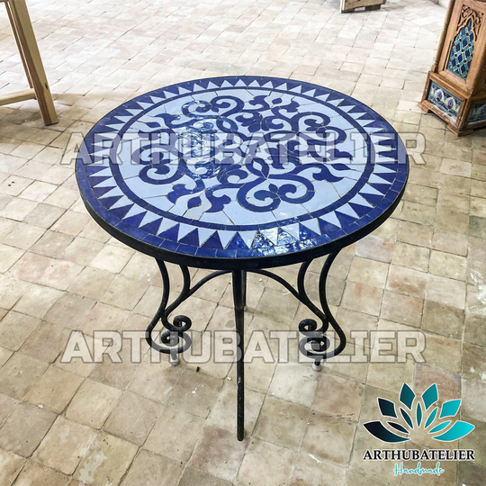 Mosaic Table, Moroccan Blue Round Table, Outdoor-Indoor 100% Handcrafted, Free Shipping
