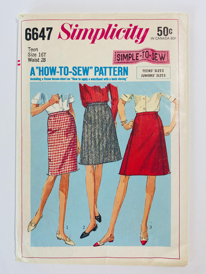 Simplicity 6647 Waist 28" Vintage 1960S Sewing Pattern 1966 60S A-Line Knee Length Mini Pencil Skirt