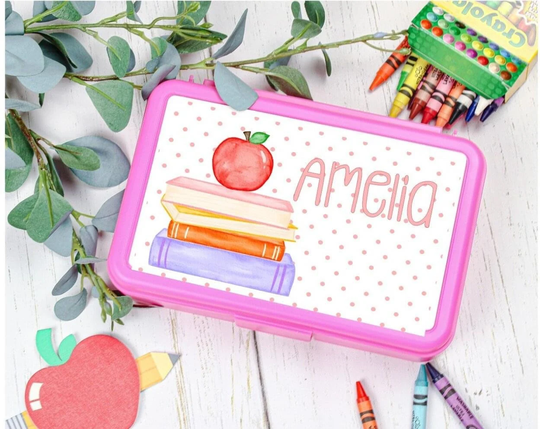 Personalized Pencil Box, Book Stack With Apple, Pink Pencil Box, School Supplies, Back To School, Supplies