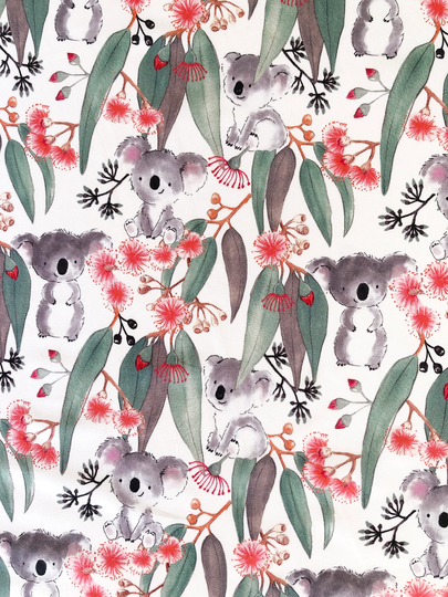 Baby Aussie Koala & Gum Flora White Quilting Cotton Fabric By 1/2 Yard Or Fat Quarter, Australian Native Bush Animal Floral
