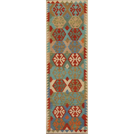 Colorful Kilim Geometric Runner Rug Flat-weave Wool Carpet - 2'7" x 10'0"