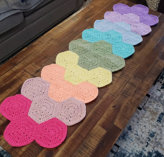 Easter Spring Hexagon Table Runner; Handmade Crochet Coffee Or Kitchen Soft Pastel Colors; 46" Long