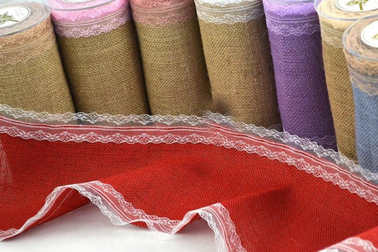 Burlap Table Runner With Lace Romantic Rounded Edges Flower Or Bright Red & Dark Purple Rustic Wedding Decoration