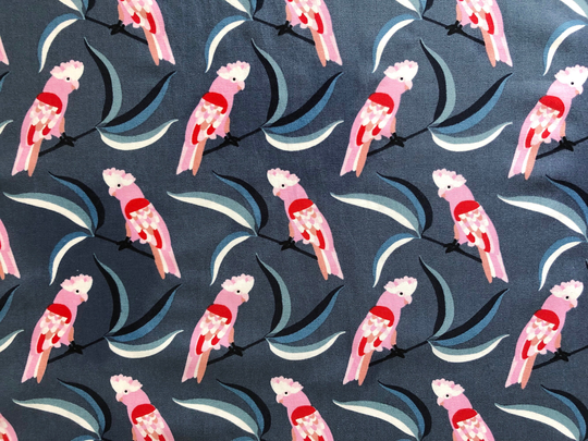 Galah Bird & Gum Leaves Dark Gray Floral Quilting Cotton Fabric By 1/4 Or 1/2 Yard, Fat Quarter Fabric, Australian Native