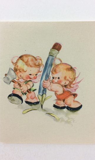 2 Children Cherubs Big Pencil Writing Letter Vintage 1950S Unused American Greetings Blank Greeting Card