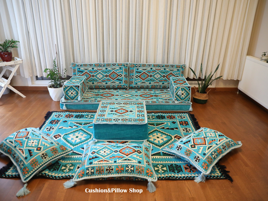 Turquoise Blue Cushions Sofa Set, Sofa, Majlis Bohemian Home Decor, Custom Couch, Oriental Order Ottoman Decor