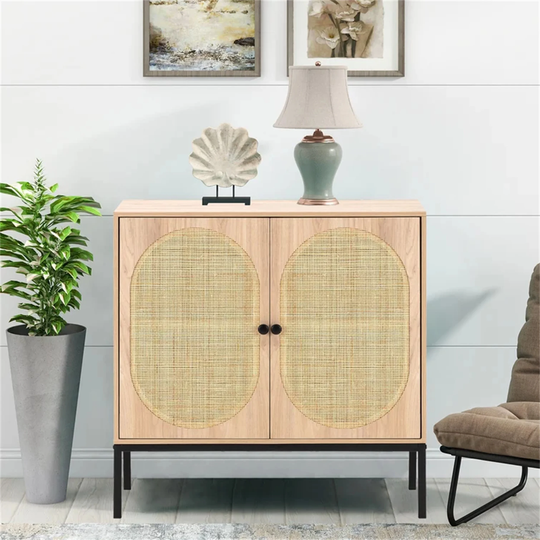 Cabinet,Side Table,Rattan Door,Multi-Scene Applicable,Beige+Yellow