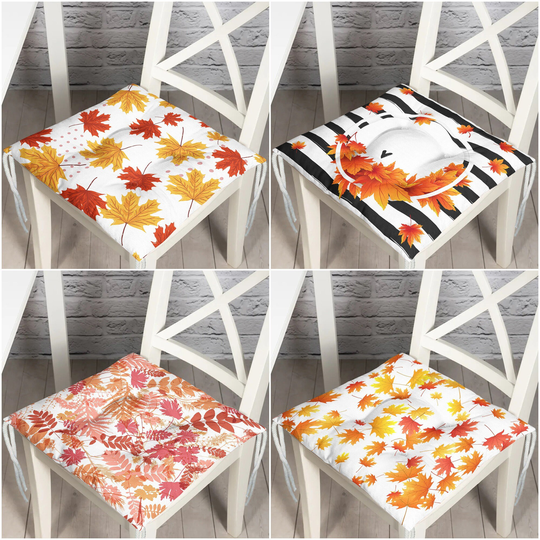 Puffy Chair Cushion|Fall Trend Seat Pad With Ties|Dry Leaves Print Farmhouse Soft Pad|Housewarming Autumn Outdoor Square Cushion