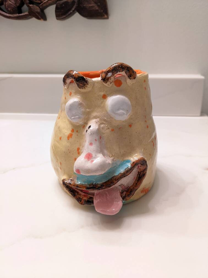 Rare Pottery Face Unique Vase Pencil Holder Signed Art Tongue Sticking Out Funny Goofy Gifts