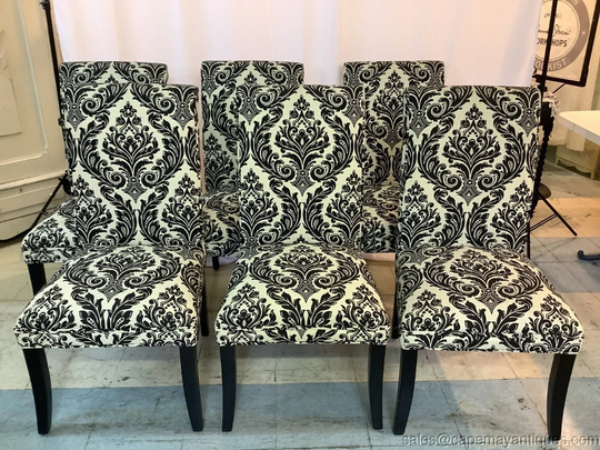 6 Off White Black Damask Dining Room Chairs Rolled Backs Wood Legs Set Of