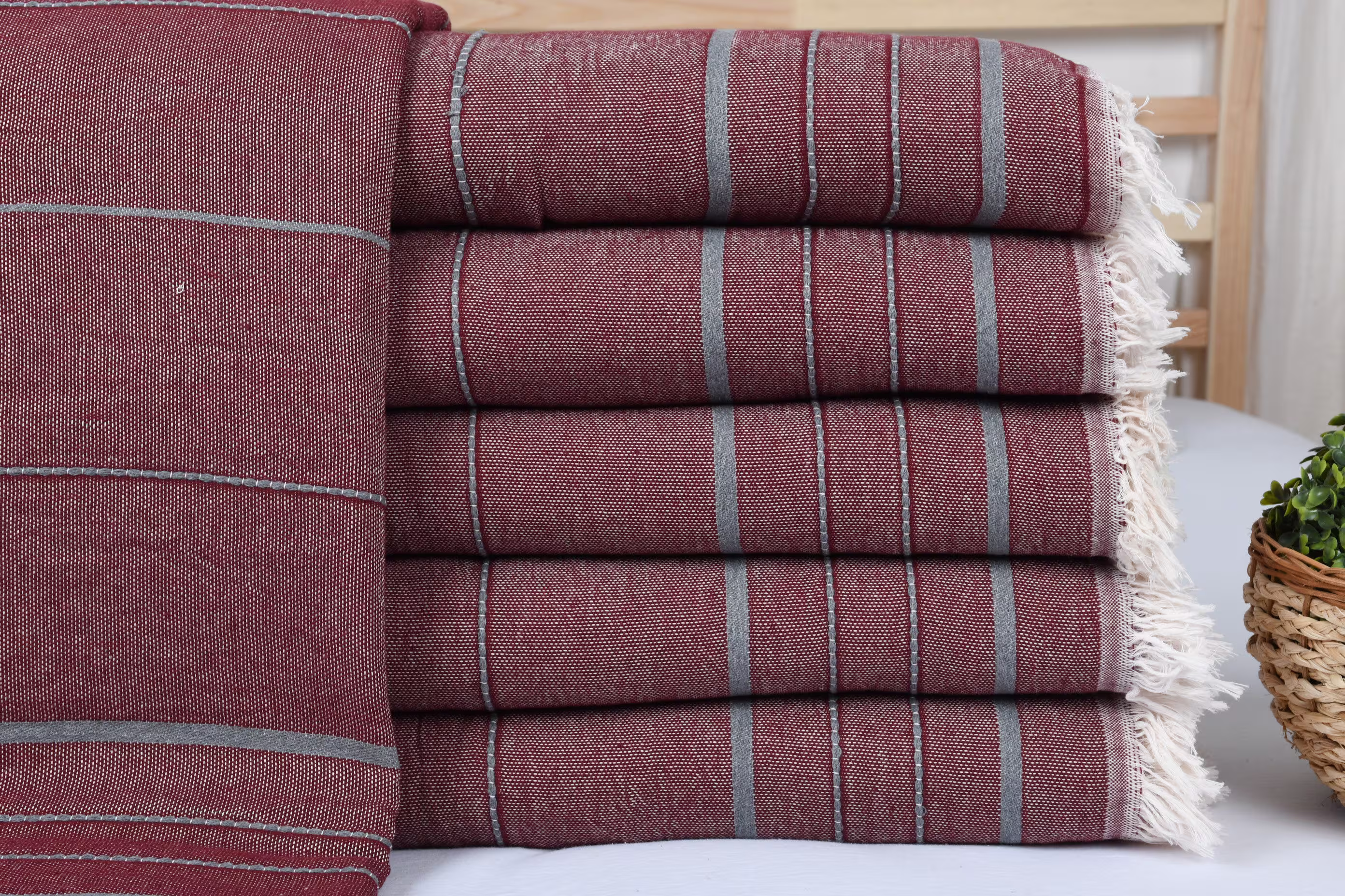 Sofa Blanket, Home Decor Geometric Bedspread, 82x99 Inches Cover, Warm Bedcover, Burgundy & Gray Throw, Bulk Order