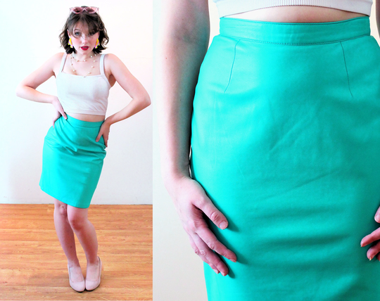 80S Turquoise Leather Skirt Xs, Vintage "Cache" Italy Butter Soft Pencil Mini, Extra Small
