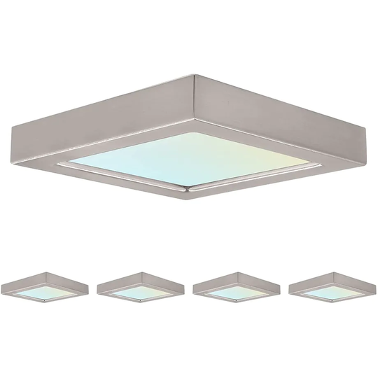 Luxrite 4" Square LED Flush Mount 10W 3 Color Selectable 600 Lumens Dimmable Damp Rated Brushed Nickel Trim 4 Pack