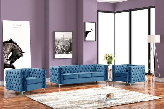 Velvet 3 Pieces Sofa, Loveseat & Arm Chair Living Room Set Luxury Blue By Us Furnishing Express