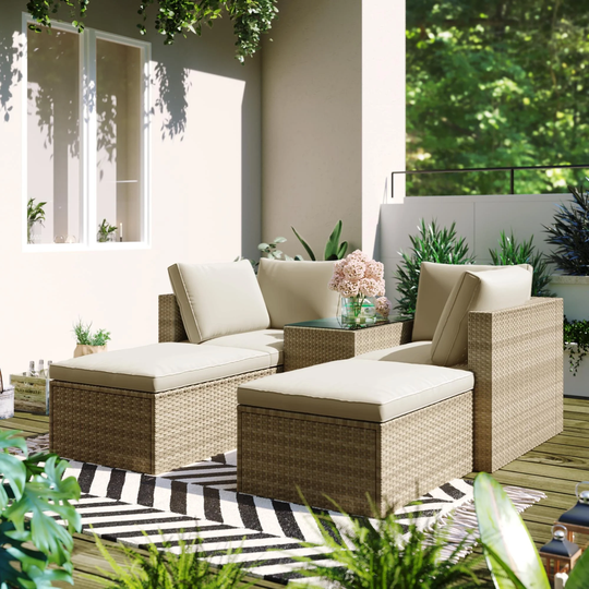 5-Piece Wicker Rattan Sectional Sofa Set, Outdoor UV-proof Patio Furniture Sofa Set with Ottoman and Coffee Table, Lounge Couch
