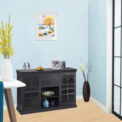 47" Wide Storage Cabinet Sideboard Buffet Cabinet,Accent Cabinet With Glass Doors For Dining Room, Living Room, Kitchen, Entry,Black