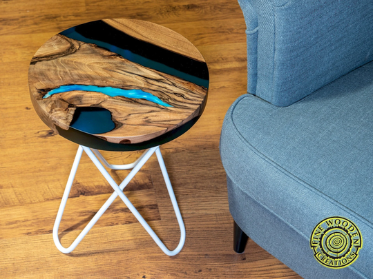 Round River Bedside/Coffee End Table With Resin & Glowing
