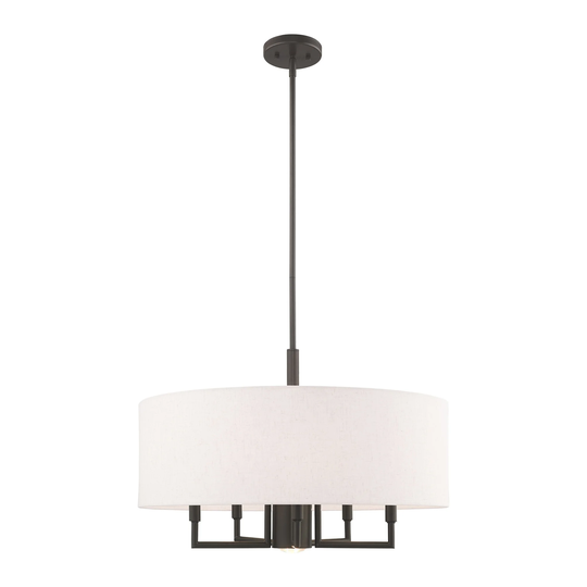 Livex Lighting Meridian 6-Light Oatmeal Drum Shade Pendant Chandelier - 24"Dia. x 24.5"-54.5"Adj. H