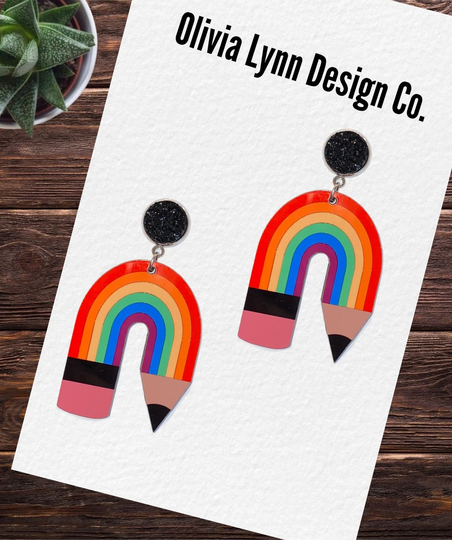 Rainbow Pencil Earrings, Crayon, School Teacher Back To Multicolor Rainbow, Boho, Druzy