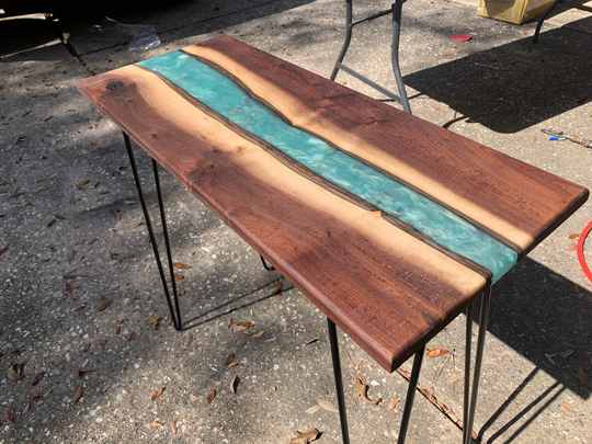 Walnut Accent Table with Teal Blue Resin River & Shell Inlays