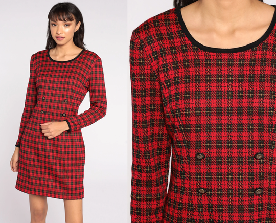 Checkered Sheath Dress 90S Vintage Red Plaid Mini Dark Academia Grunge Pencil Long Sleeve All That Jazz Medium