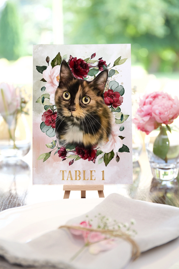 Red Roses | Wedding Table Numbers, With Your Pet Illustration, Decor, Mint Green Decor