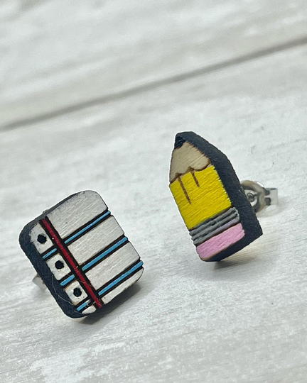 Back To School Notebook Paper & Pencil Hand Painted Wood Stud Post Earrings