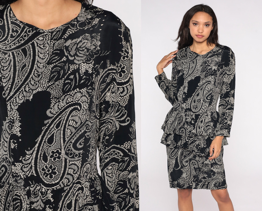 80S Floral Paisley Dress Black & White Peplum Knee Length Secretary Pencil 1980S Vampy Long Sleeve Vintage Retro Medium M