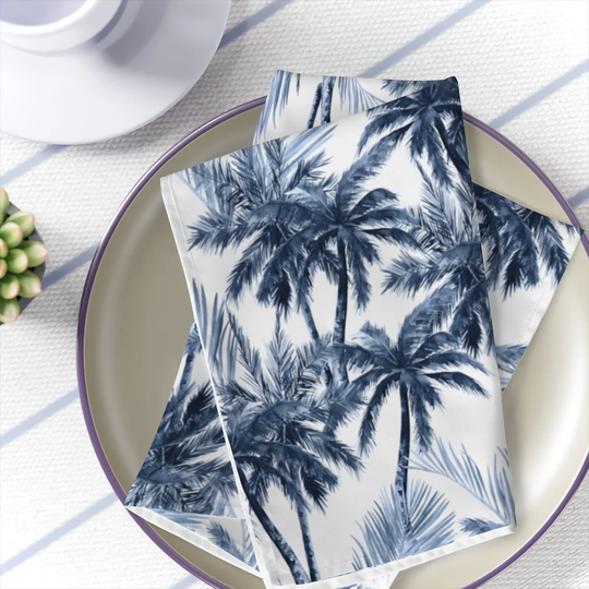 Blue Palms Table Napkins Navy Blue White Dinner Napkins Set Of 4 Tropical Kitchen Decor Exotic Table Decoration Fabrics