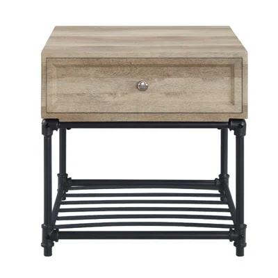 Ley 22 Inch End Table, 1 Drawer, Industrial Design, Slatted Shelf, Oak