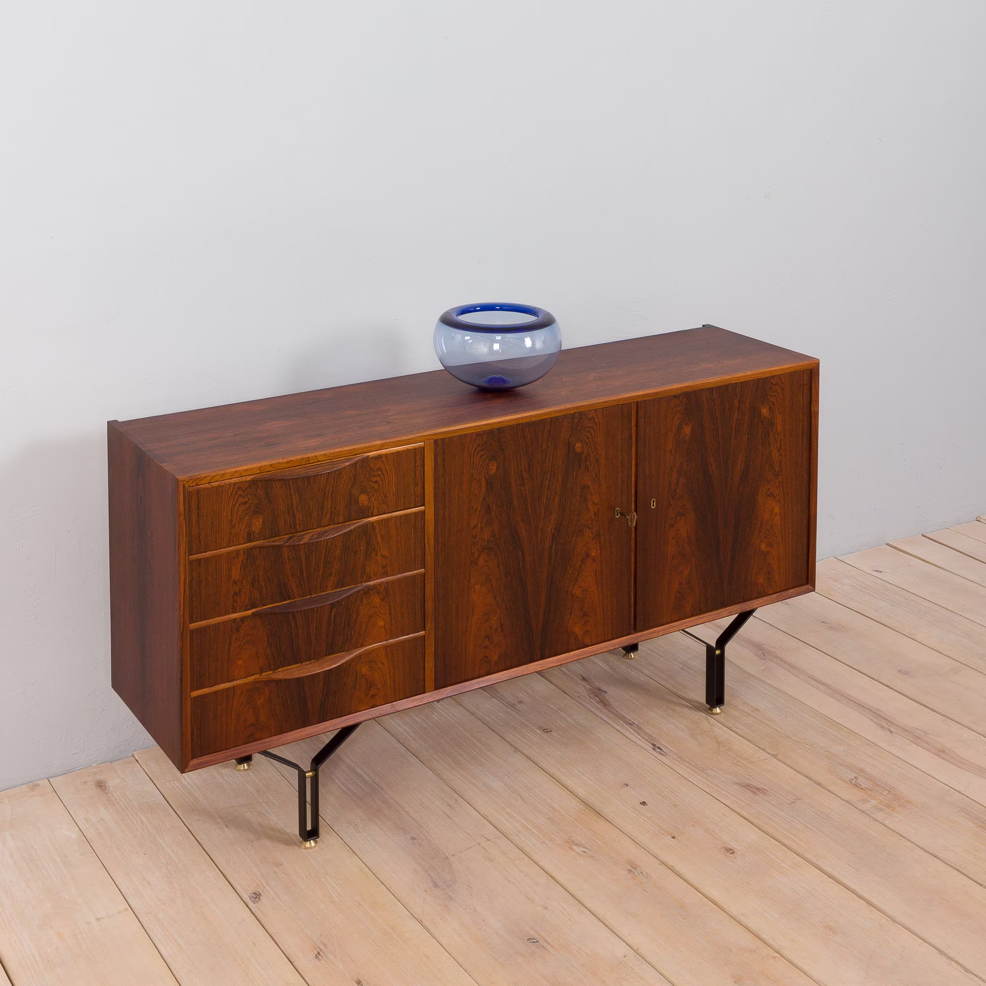 Vintage Rosewood Sideboard With 4 Drawers, Steel Legs Brass Details, Denmark, 1960S