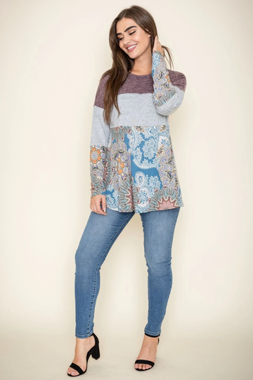 Color Block Knit Medallion Long Sleeve Tunic | 2 Colors S To 3x | Reg, Plus