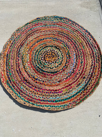 Round Braided Bohemian Rug | Colorful Fun Color Area Boho Rag Living Room Decor New Home Gift