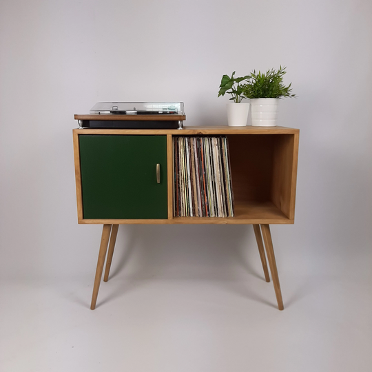 Oak Sideboard Green Door | Media Console Vinyl Record Storage Cabinet Solid Wood