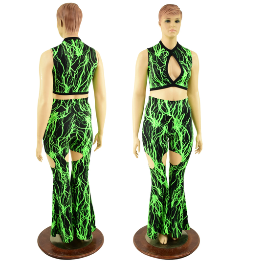 Neon Green Lightning Garter Style Solar Flares & Keyhole Top Set With Smooth Black Spandex Keyhole Trim 1579149