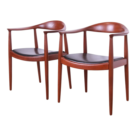 Hans Wegner For Johannes Hansen "The Chair" Teak Round Chairs, Pair