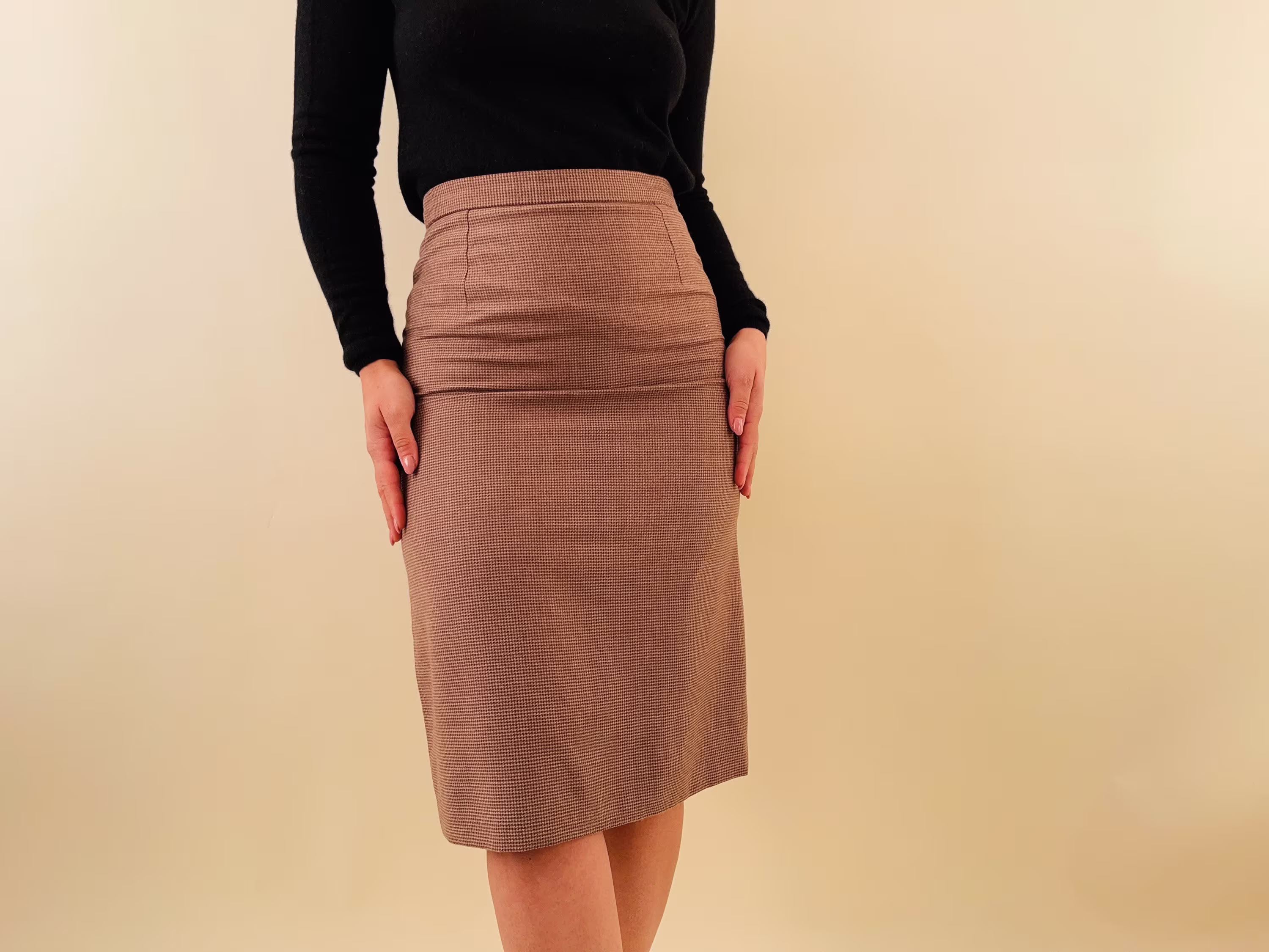 Vintage Wool Small Plaid Brown Pencil Skirt, Office Skirt