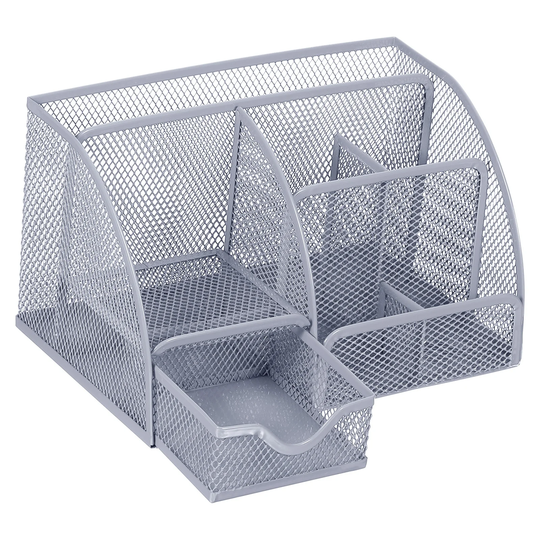 Pen Holder, Metal 6-Slot and 1 Drawer Oval Pencil Desktop Organizer, Silver