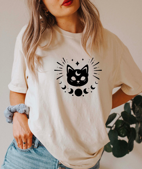 Comfort Colors Celestial Shirt, Cat & Moon T-Shirt, Boho Comfy Oversized Gift For Her