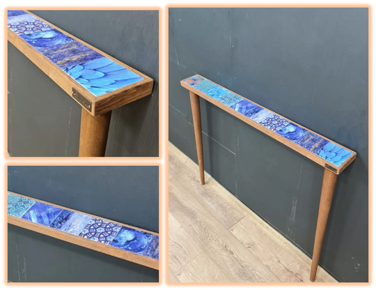 Slim Entryway Table With Blue Tiles Slimline Wooden Console Sideboard Narrow Entry Tables Aqua Tiled Top Tapered Wood Legs