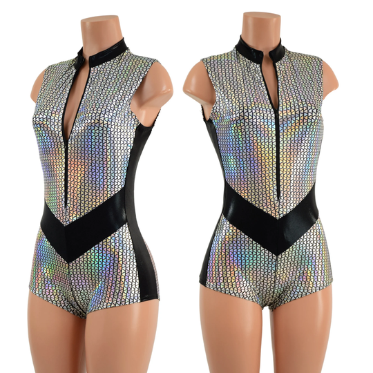 Prism Romper With Stella Neckline, V Front Waist, Side Panels, & Boy Cut Leg. Trim Collar in Black Mystique 157861