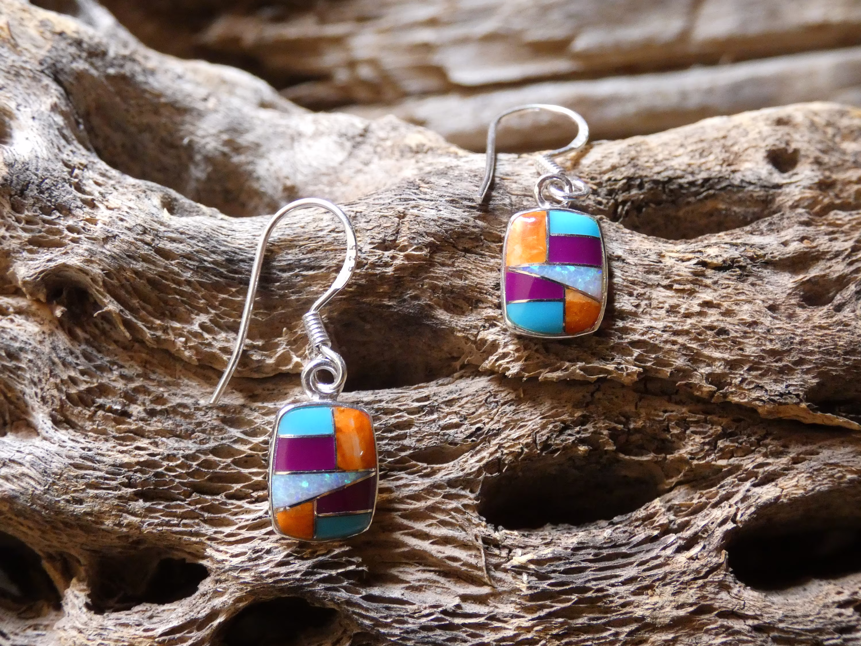 Colorful Multi Gemstone & Opal Inlayed Dangle Earrings On Sterling Silver French Wire Hooks Handcrafted Free Gift Bag Shipping New Z10
