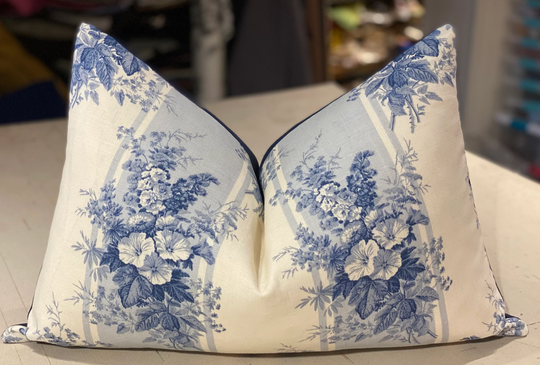 One Ralph Lauren Blue "Mapleton Floral" Floral Stripe Linen Print Custom Bolster Pillow - Ink Cotton Back 15" By 22" 2 Available