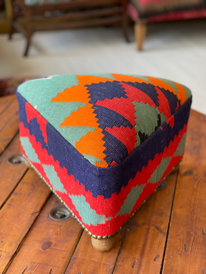 Kilim Ottoman Stool/Kilim Foot Rest Beech Wood /Vintage Furniture Chair /Kilim Triangle Stool/ Ottoman