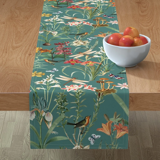 Dragonfly Table Runner - Garden Of Dragonflies By Thistleandfox Iris Botanical Daffodil Cotton Sateen Spoonflower